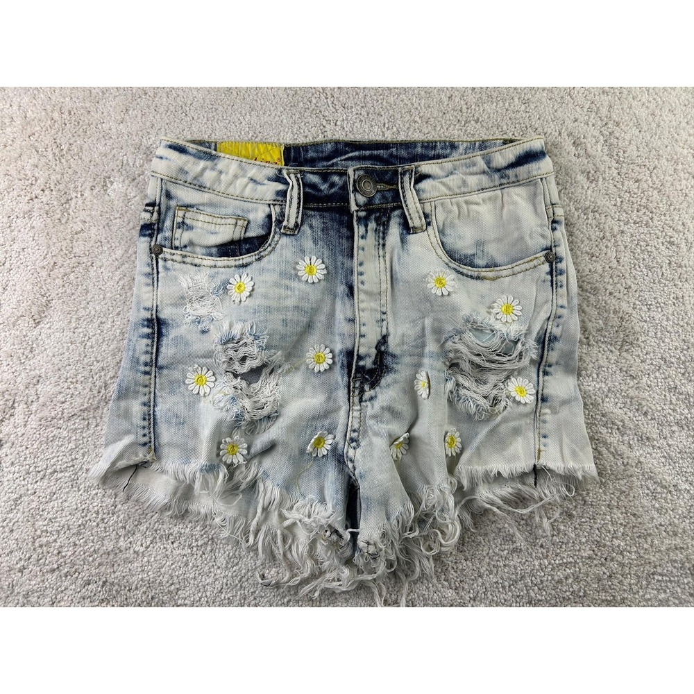 Machine Shorts Womens Medium Blue Distressed Daisy Embroidered Denim Frayed‎ Hem